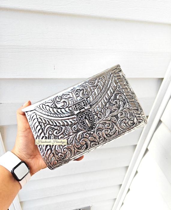 Silver Brass Metal Clutch: Floral Engraved Wedding Purse