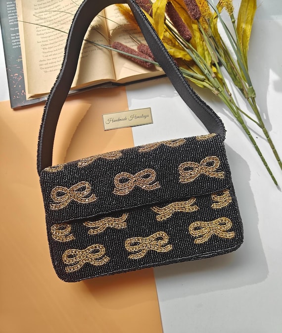 Beaded Bow Bag, Beaded Shoulder Bag, Gold Crochet Bow Bag, Party Bag, Summer Bag, Gift for Her, Beaded Bag, Black Bag with Handle, Bow Purse