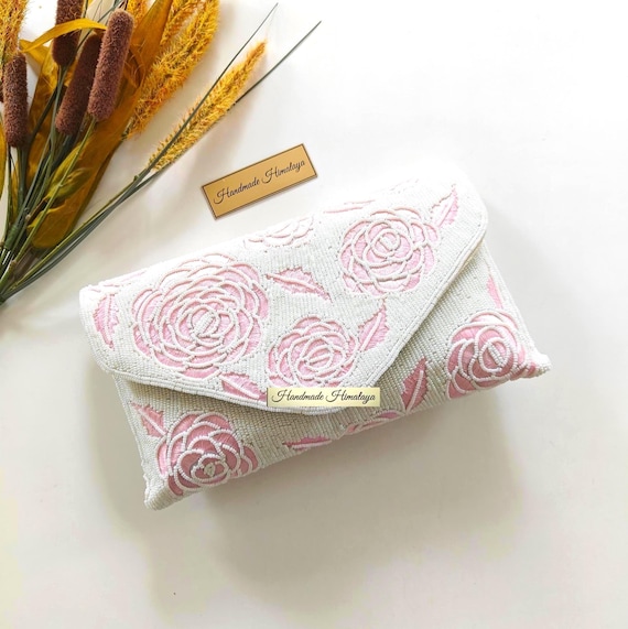 Pink Floral Bridal Clutch | Pastel Rose White Beaded Purse