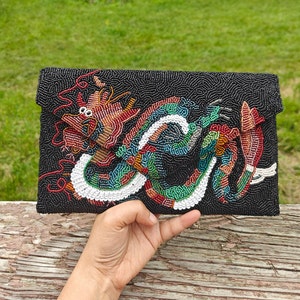 Doppelte Seite Perlen Tasche, schwarze Perlen Kupplung, Drachen Geldbörse Perlen Kupplung, Statement Kupplung, Party Abendtasche, Samen Perle Geldbörse