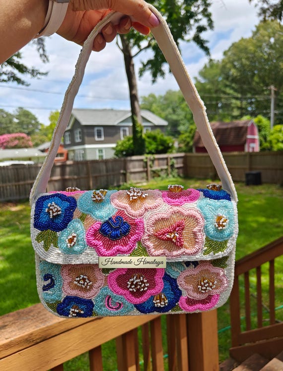Beaded Shoulder Bag, Floral Beaded Bag, Colorful Flower Purse, Boho Seed Bead Handbag, Embroidered Spring Clutch, Gift for Her, Wedding Bag