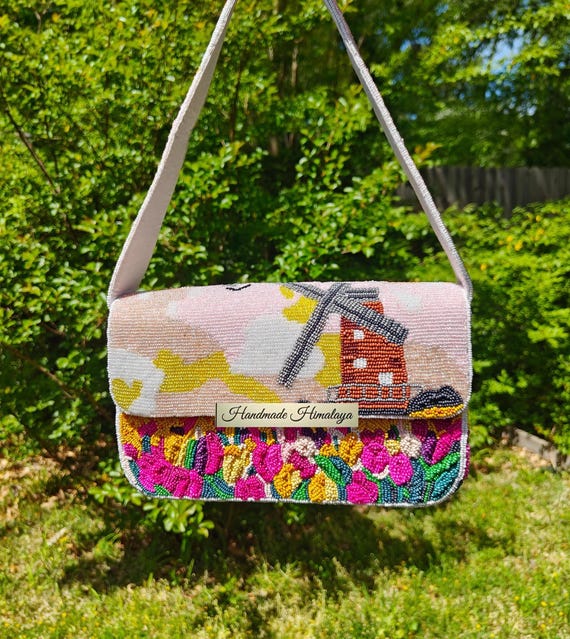 Holland Tulips Windmill Beaded Bag, Summer Vacation  Floral Shoulder Purse