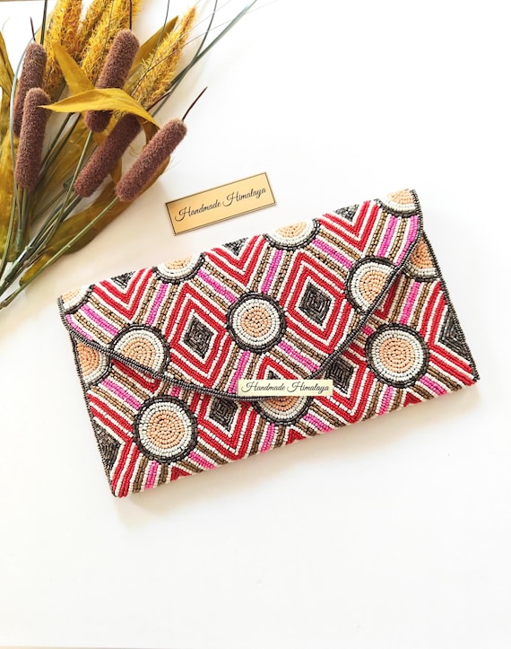 Geometric Beaded Clutch, Pattern Evening Bag, Statement Wedding Guest Purse