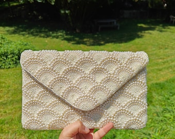 Pearl White Beaded Clutch, White Beaded Purse, Gift for Her, Party Evening Purse, Bridesmaid Gift, Seed Bead Clutch, Bridal Purse White
