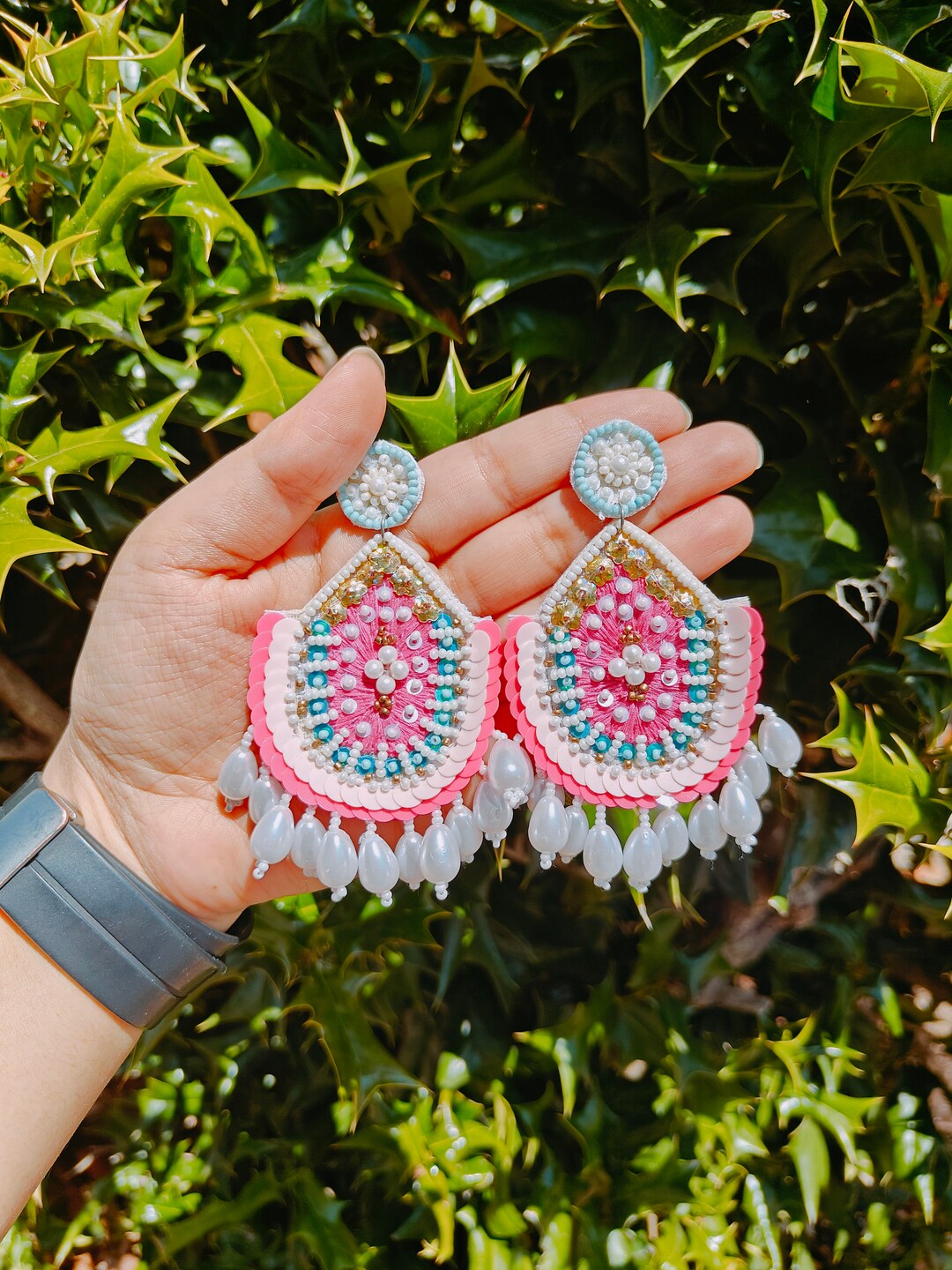 Statement Pink Earrings, Pink Beaded Earrings, Pink Blue Beaded