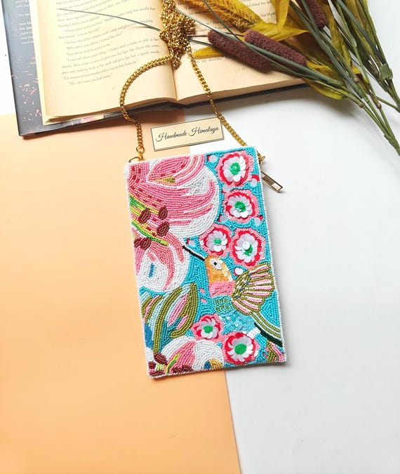 Hummingbird Clutch, Beaded Phone Bag, Beaded Purse, Bird Clutch, Crossbody Bag, Mobile Purse, Floral Clutch, Summer Bag, Gift for Her