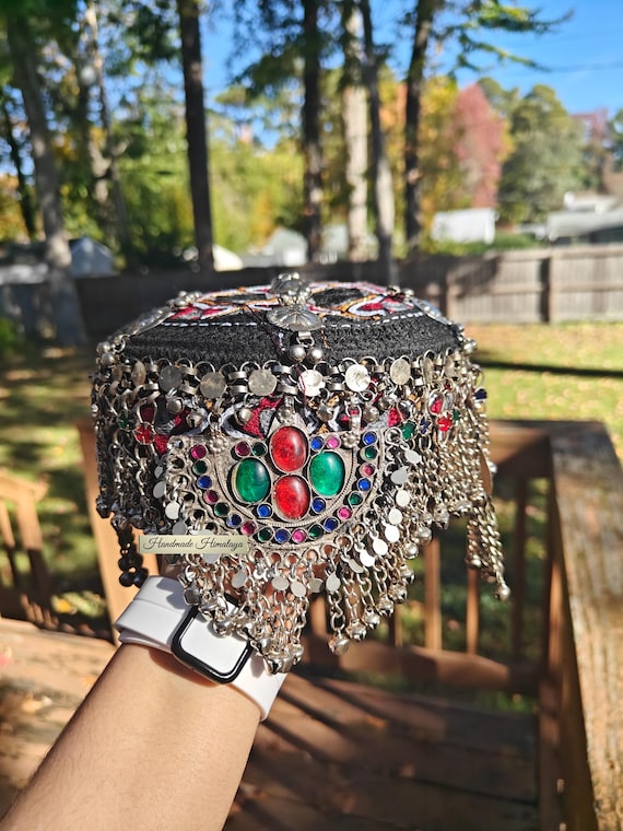 Embroidered Afghan Mathapati Cap: Halima Sultan Style Jewel Embellished Hat