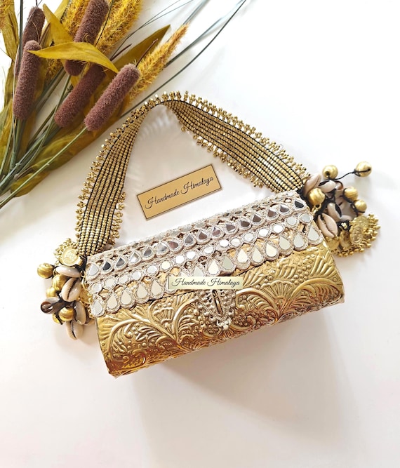 Vintage Gold Brass Metal Clutch Bag with Mirrorwork: Afghan Kuchi Bridal Wedding Evening Purse