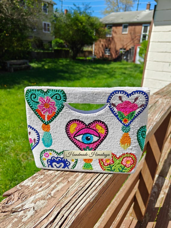 Evil Eye Protection Beaded Bag White Clutch Purse Crossbody Mal De Ojo Statement Bag