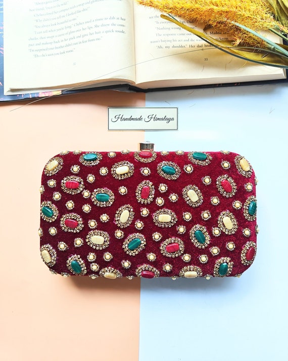 Clearance Red Clutch, Velvet Beaded Purse, Party Evening Bag, Crossbody Small Bags, Indian Wedding Purse, Gift for Her, Embroidered Handbags