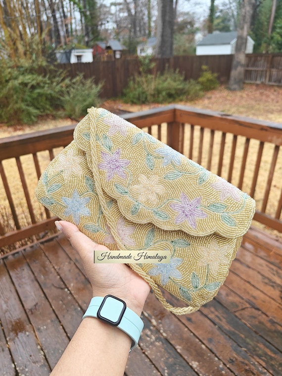 Gold Floral Beaded Evening Purse | Artisan Crafted Bridal Statement Bag | Vintage Pastel Flower Wedding Clutch