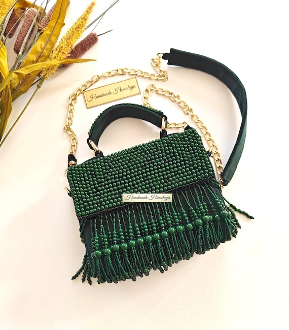 Emerald Green Beaded Bag | Mini Fringe Top Handle Evening Purse