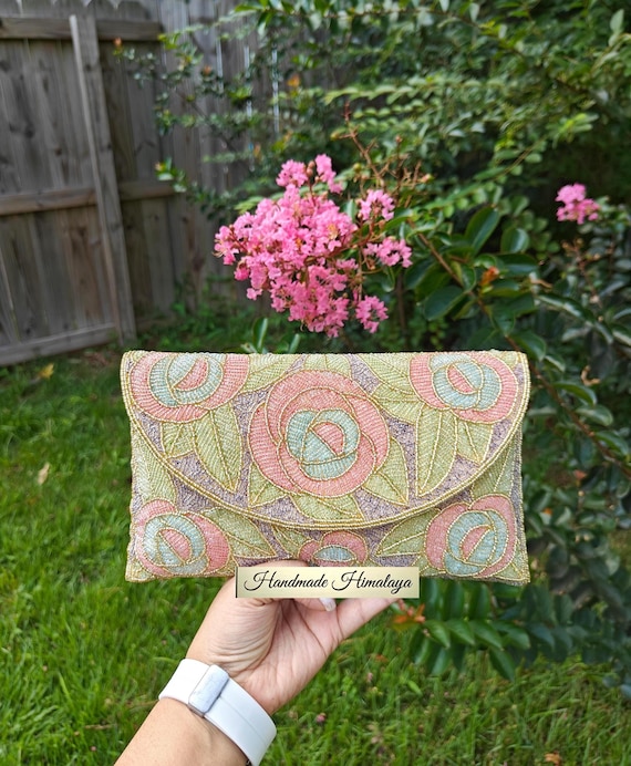 Pastel Beaded Clutch, Rose Embroidered Purse, Green Beaded Purse, Crossbody Bag, Party Evening Clutch, Gift for Her, Envelope Floral Bag