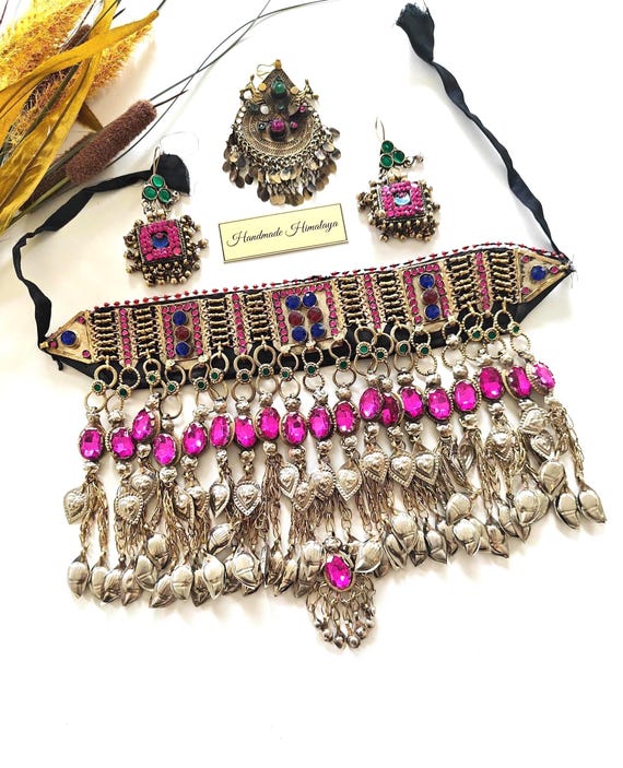 Vintage Afghan Kuchi Necklace Set | Hot Pink Tribal Jewelry