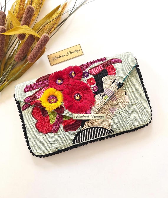 Latina Face Beaded Clutch, Floral Handmade Statement Bag, Artistic Evening Purse Gift for Her