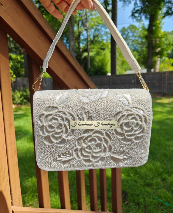 White Beaded Clutch, Bride Purse, Wedding Clutch, White Rose Flower Purse, Ivory Evening Clutch, Beaded HandBag, Bridal Wristlet, Floral Bag