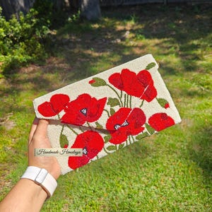 Red Poppy Beaded Clutch Purse, Crossbody Envelope Design with Floral Embroidery