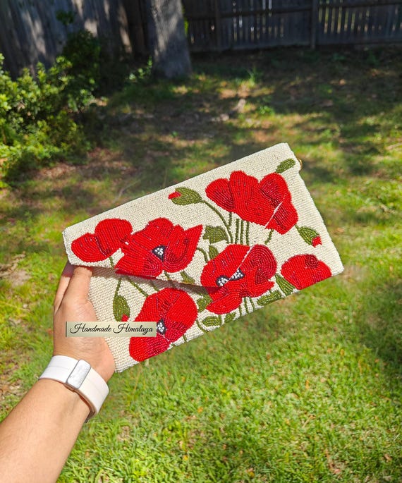 Red Poppy Beaded Clutch Purse, Crossbody Envelope Design with Floral Embroidery