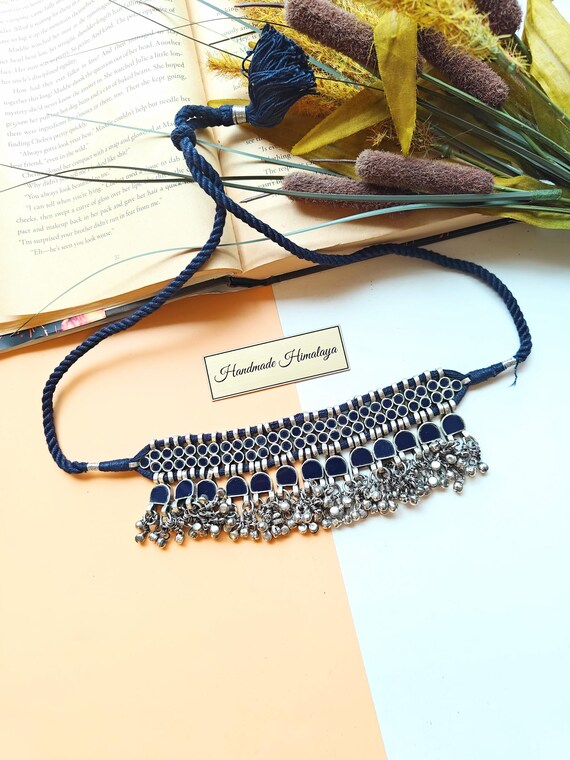 Blue Glass Choker, Real Mirror Indian Tribal Kuchi Jewelry Gypsy Boho Bellydancer Afghani Necklace