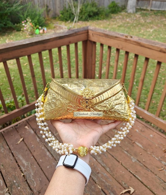 Brass Gold Clutch: Antique Wedding Indian Metal Handbag with Floral Engraving Crossbody Pearl Handle