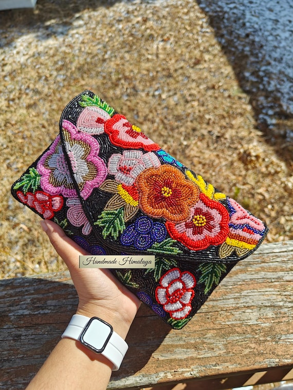 Black Floral Beaded Clutch Purse Envelope Crossbody Party Evening Bag