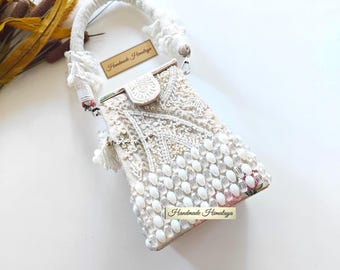 Bolso blanco con cuentas / Mini bolso de novia con estampado floral rosa y caja de cristal