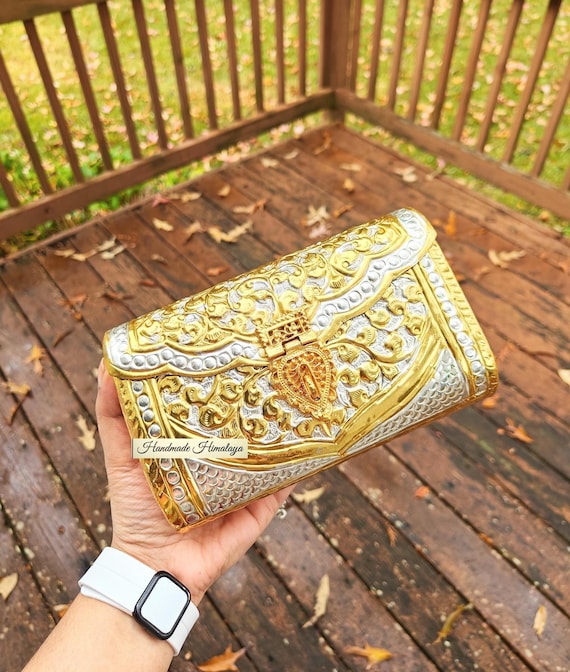 Dual Tone Floral Brass Clutch: Antique Gold Silver Crossbody Bag