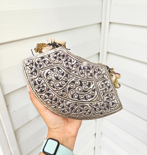 Vintage Silver Brass Clutch Floral Engraved Indian Kuchi Banjara Filigree Wedding Metal Handbag Cowrie Tassels