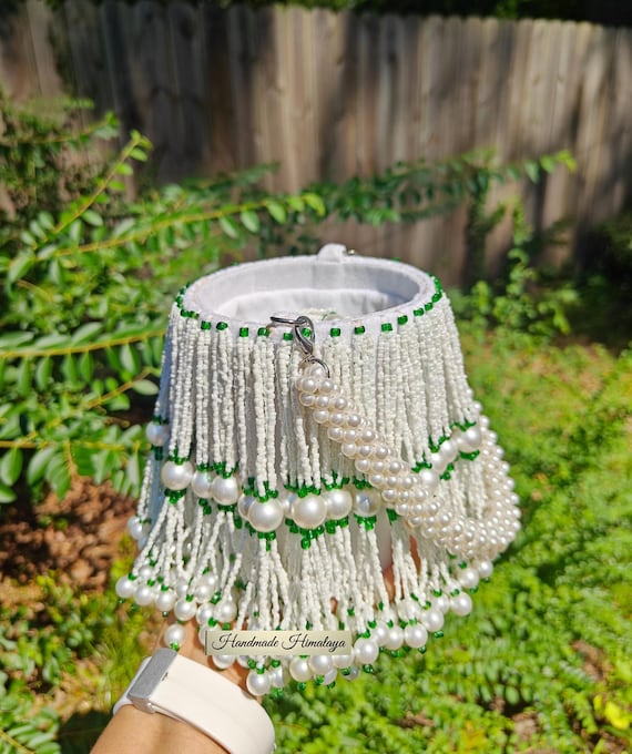 White Green Potli Bag, Pearl Beaded Bag, Fringe Bridal Handbag, Indian Wedding Purse, Bucket Bag, Pearl Handle Bag, Party Evening Bag