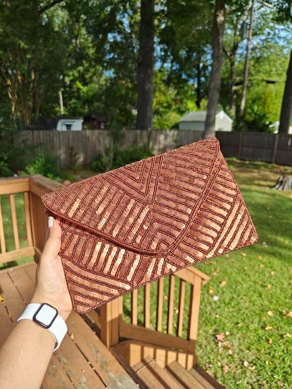 Bronze Sequin Beaded Clutch: Handmade Evening Purse