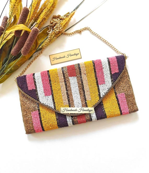 Colorful Beaded Clutch Bag | Geometric Stripe Evening Purse