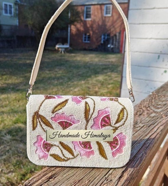 White Beaded Bag: Pink Floral Suede Beaded Handbag Clutch Wedding Bridal Purse