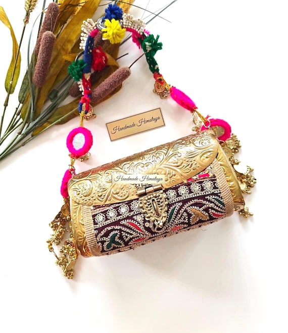 Vibrant Banjara Gold Brass Bag | Vintage Bohemian Metal Evening Clutch | Afghan Kuchi Gold Purse