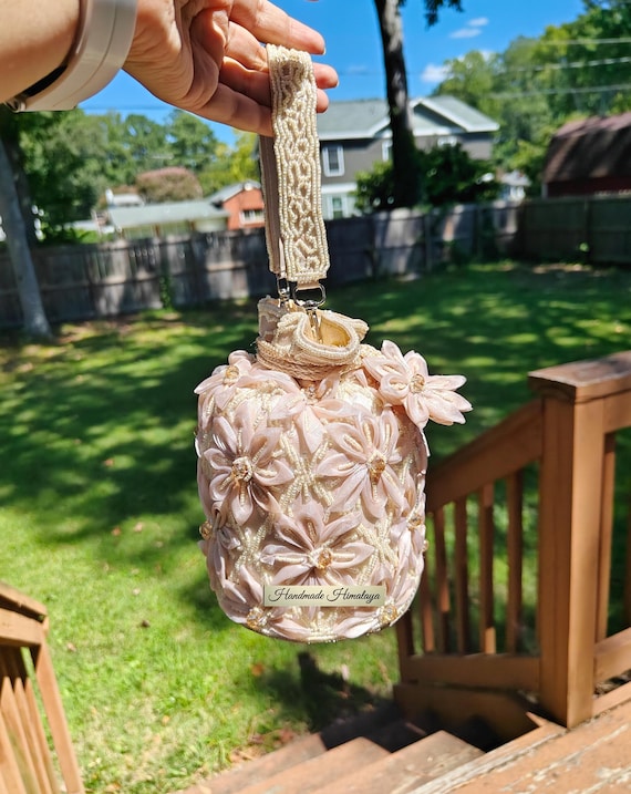 Beige Potli Bag, 3D Floral Embroidery with Beaded Handle and Drawstring Design