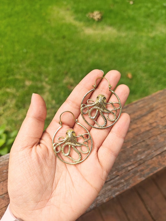Brass Octopus Earrings, Statement Gold Earrings, Animal Lover Gift, Unique Tribal Jewelry, Gold Brass Earrings, Hippie Gothic Earrings