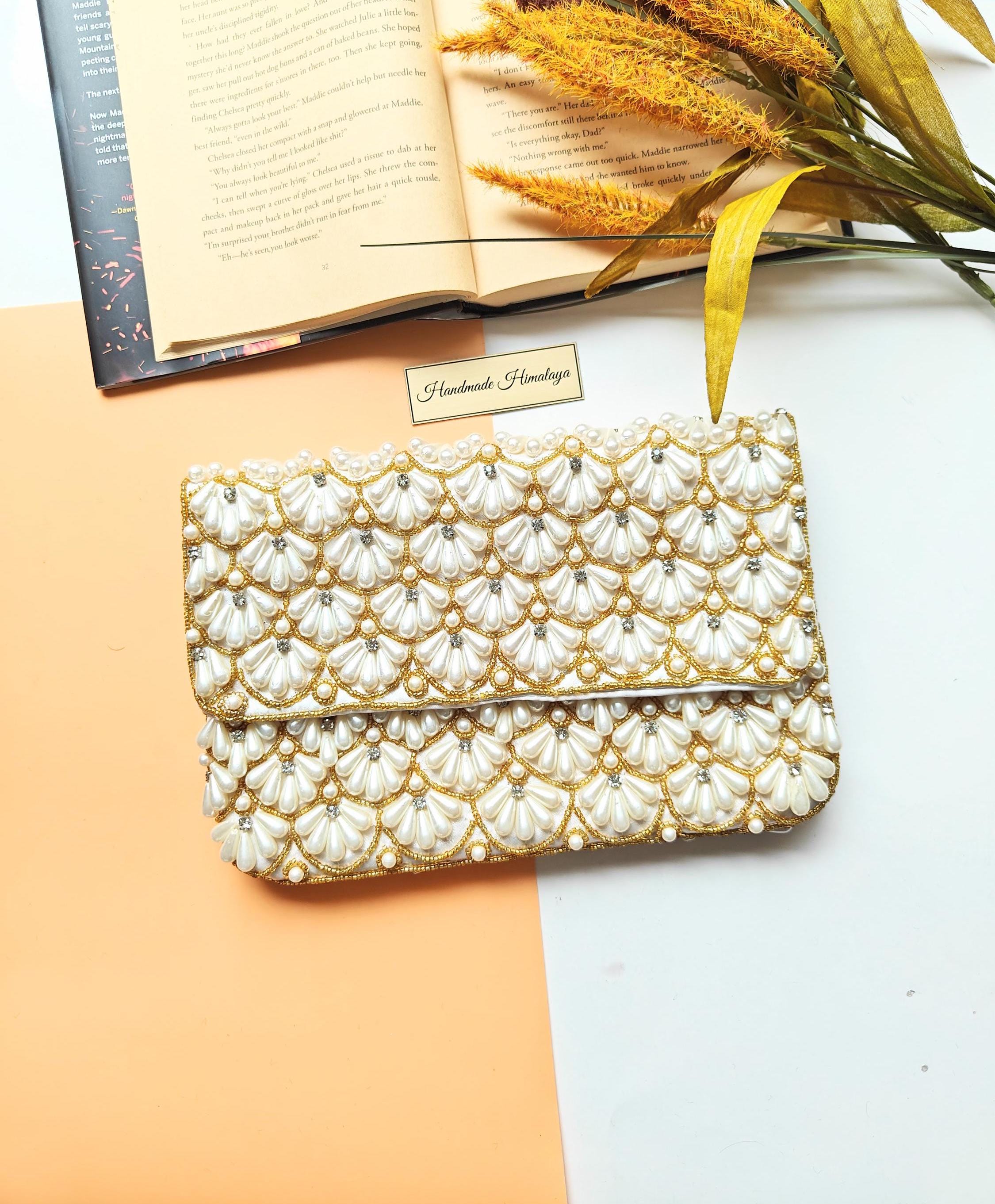 Pearl Gold Beaded Purse Beaded Clutch Handbag Bridal Wedding Purse Crossbody Shoulder Bag Gift For Her Bridesmaid Gift Pearl Bead Bag