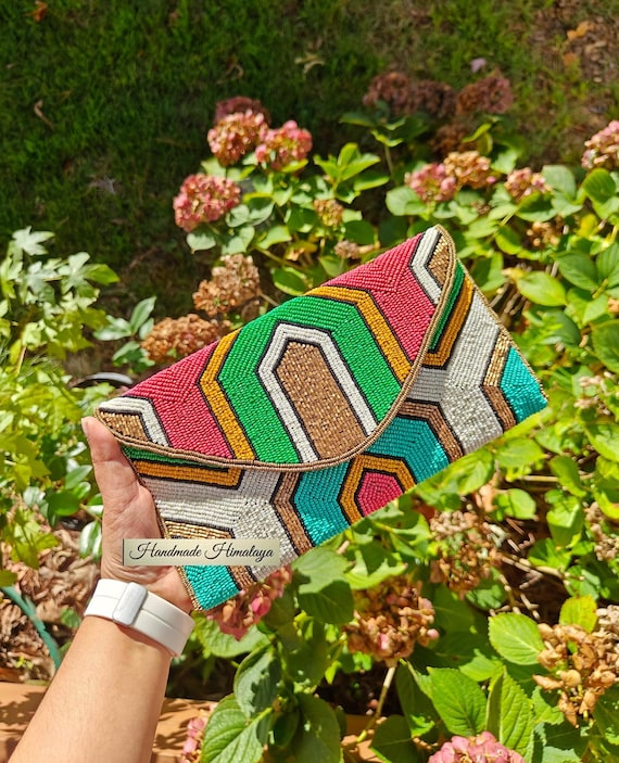 Colorful Beaded Clutch: Geometric Seed Bead Crossbody Bag