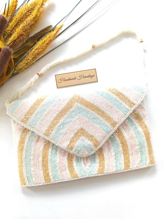 Pastel Beaded Clutch | Chevron Envelope Purse | Mint Gold Bridal Evening Bag