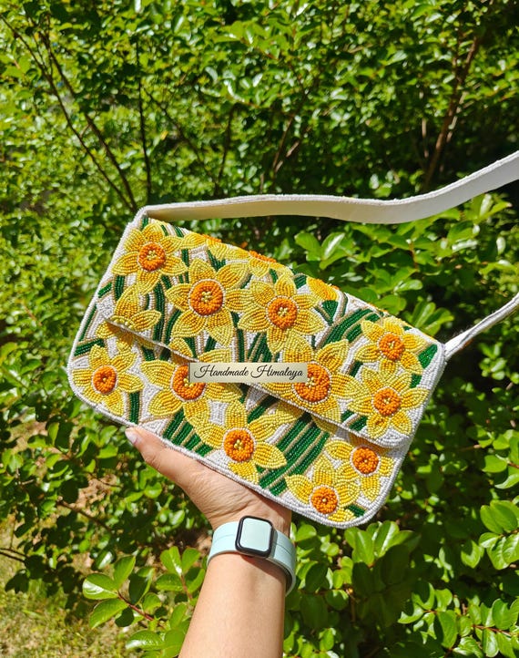 Floral Beaded Bag, Daffodil Handmade Shoulder Purse, Summer Vacation Statement Handbag, Garden Party Purse