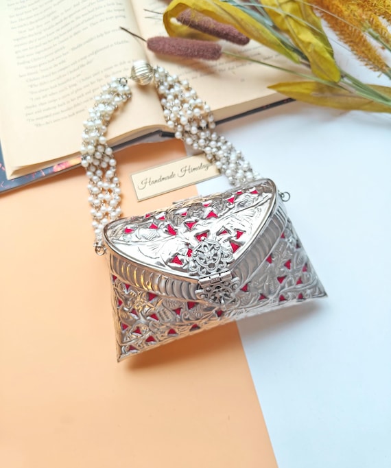 Mini Brass Clutch, Shagun Silver Color Metal Purse, Indian Purses, Antique Style Purse, Gift for Mom, Bride Clutch, Indian Wedding Purse