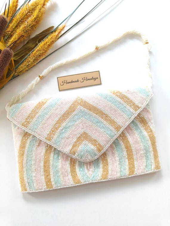 Pastel Beaded Clutch | Chevron Envelope Purse | Mint Gold Bridal Evening Bag