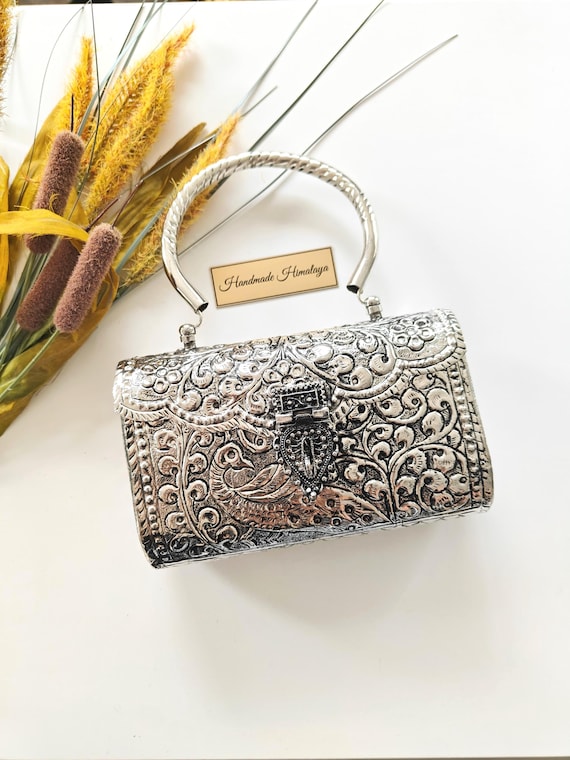Engraved Silver Clutch Bag |  Floral Embossed Brass Box Purse |  Bridal Party Metal Handbag