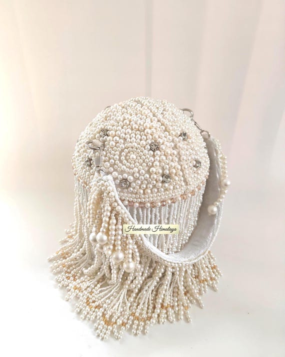 White Pearl Bucket Bag | Luxury Beaded Fringe Wedding Bridal Purse