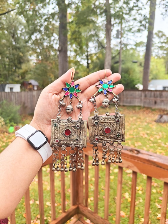 Vintage Afghan Earrings Long Oversized Silver Metal Tribal Kuchi Bell Dangle Belly Dancer Jewelry