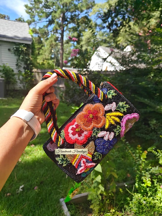 Handmade Beaded Floral Handbag | Black Flower Festival Purse | Vibrant Hibiscus Summer Wedding Bag
