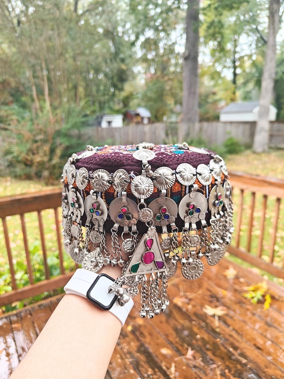 Embroidered Afghan Mathapati Cap: Brown Halima Sultan Style Jewel Embellished Hat