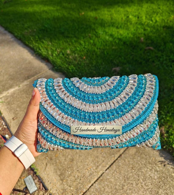 Blue Silver Clutch, Beaded Purse, Cocktail Party Evening Bag, Wedding Clutch, Crossbody Purse, Luxury Purses, Gift for Wife, Bride Wristlet