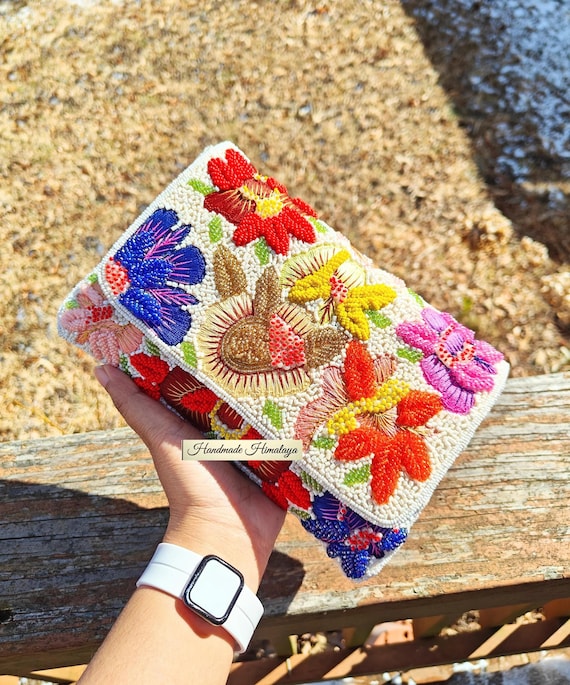 Colorful Floral Beaded Clutch Purse Embroidered Flower Statement Handbag Crossbody Party Evening Bag
