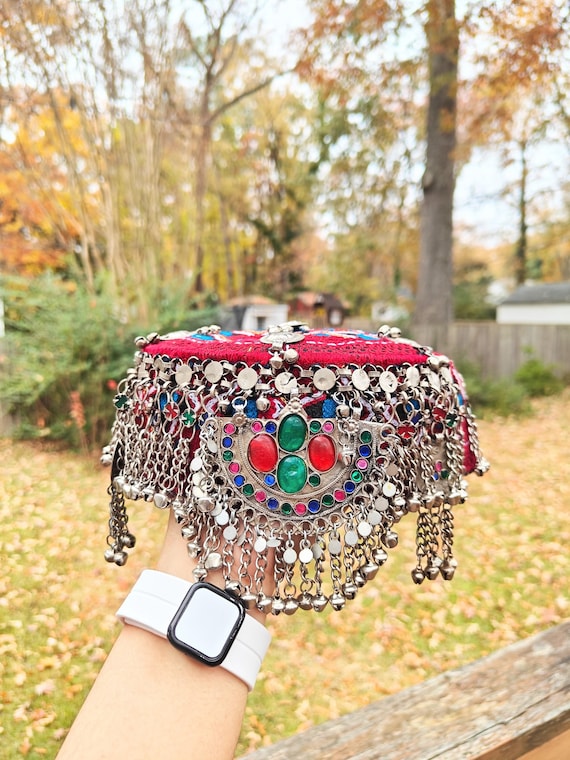 Embroidered Afghan Mathapati Cap: Halima Sultan Style Jewel Embellished Red Hat