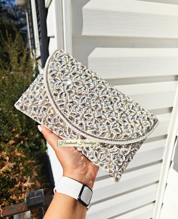 Silver White Beaded Clutch Wedding Purse Bridal Evening Clutch Crossbody Formal Party Handbags